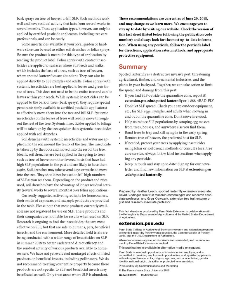 Final page of the Penn State Extension guide summarizing spotted lanternfly management, chemical treatment options, reporting information, and additional resources.